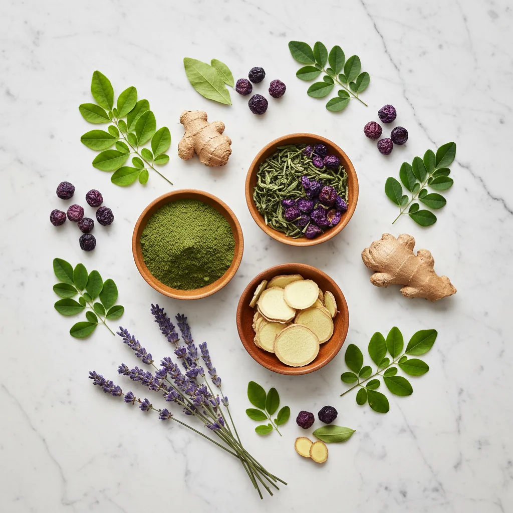 Plantaardige ingrediënten: gedroogde kruiden, groene thee, gemberwortel en moringa in houten kommen