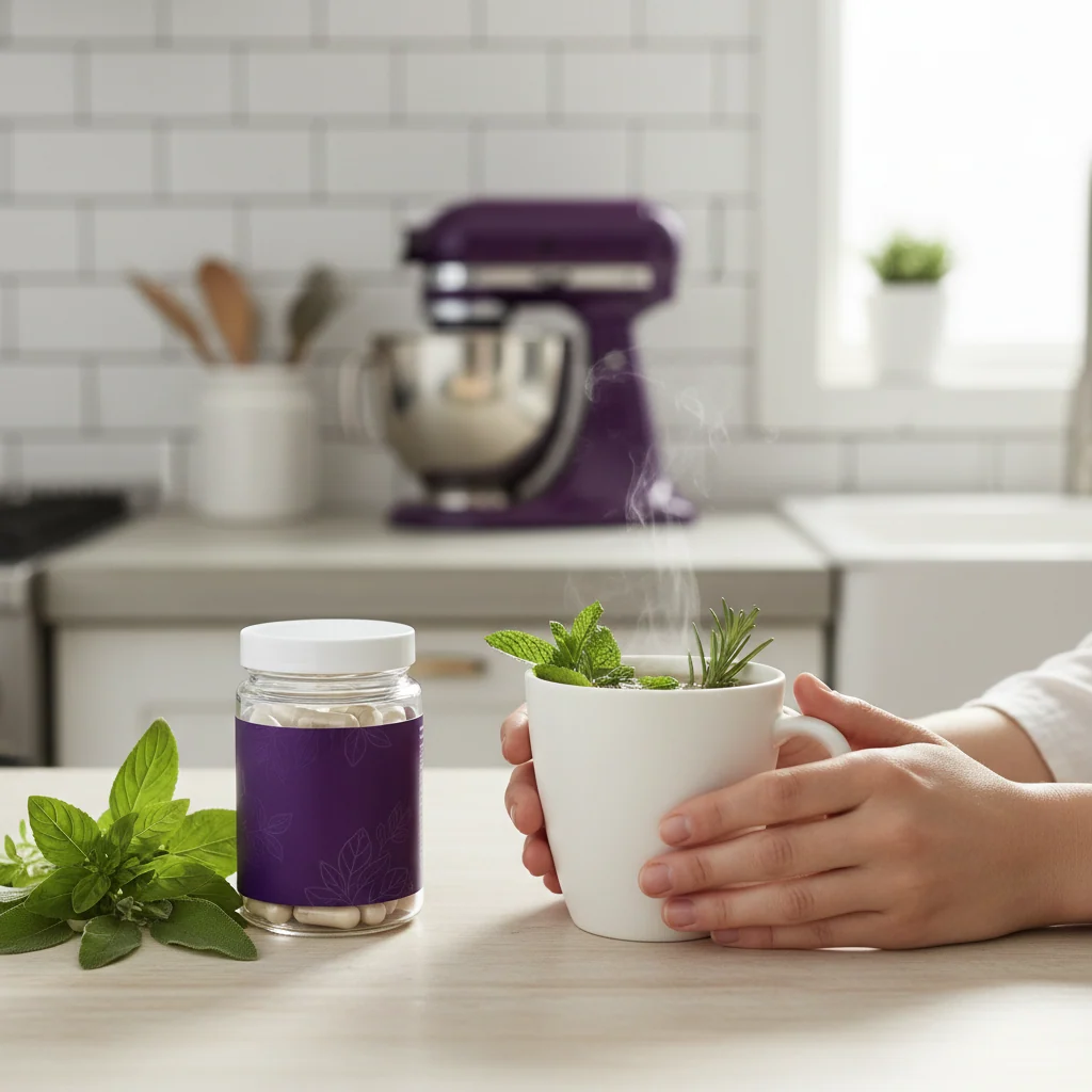 Twee handen houden een mok kruidenthee vast naast een supplement pot op een houten tafel