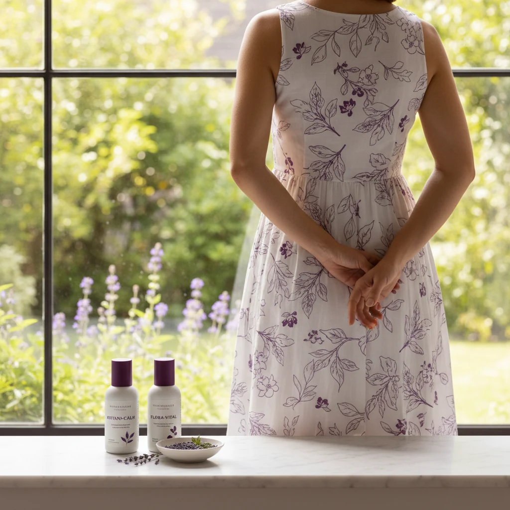 Anonieme vrouw die uitkijkt over een tuin - rustig en positief leefstijlmoment