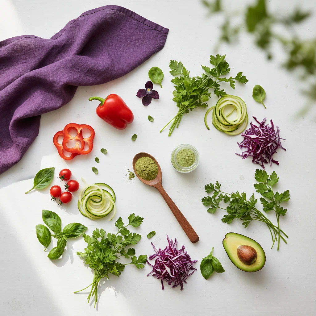 Flat lay van gezonde voedselingrediënten en een supplement pot in daglicht
